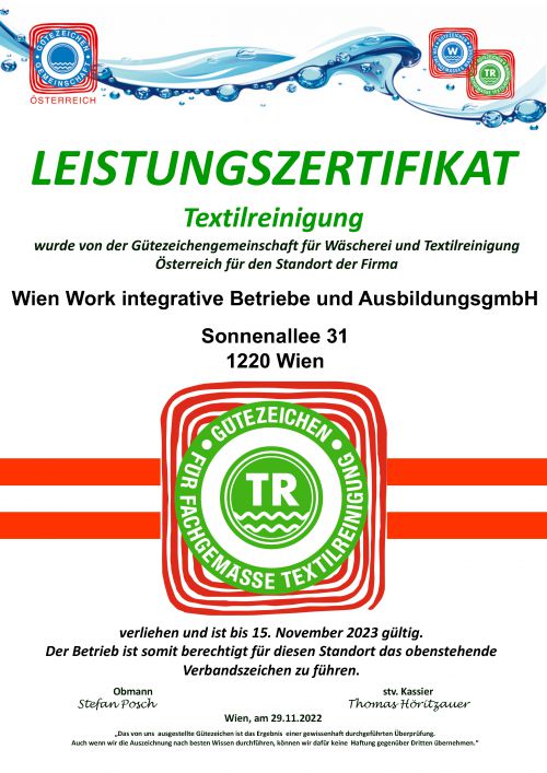 Leistungszertifikat Textilreinigung. © Gütezeichen Gemeinschaft Österreich