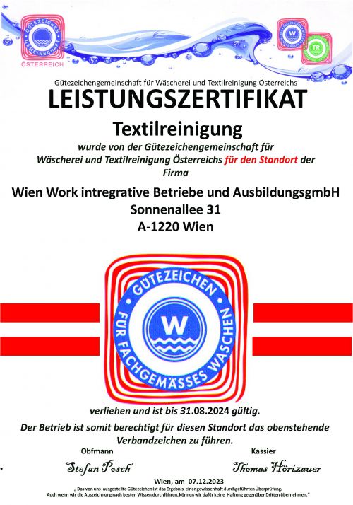 Leistungszertifikat Textilreinigung 2024 © Gütezeichengemeinschaft f. Wäscherei und Textilreinigung Österreich